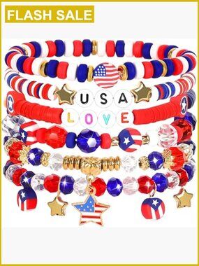 Patriotic Bracelets Set of 6 - 4th of July Independence Day Wristbands for Women